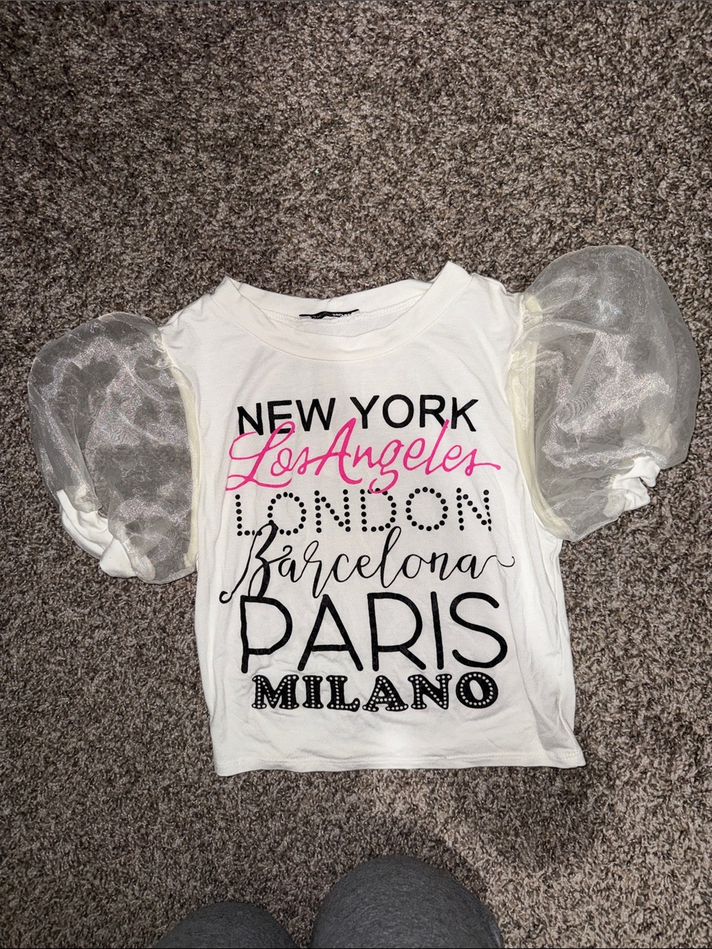 Fashion Nova White Graphic Tee with Sheer Puff Sleeves